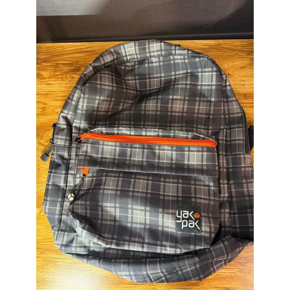 Yak Pak Grey Plaid Backpack with Orange Zipper Accents Men's School Travel Bag